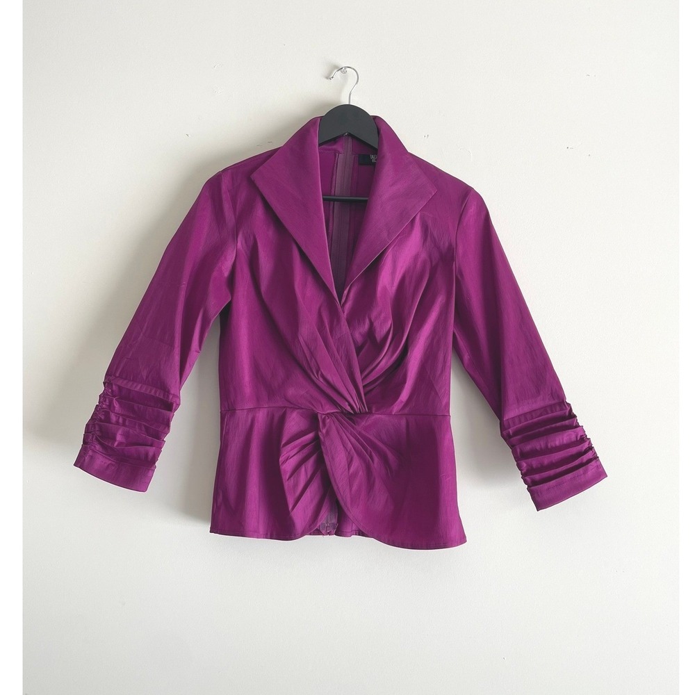 Tadashi Purple Wrap Peplum‎ Blouse Portrait Collar Ruched Sleeve 6 NWOT